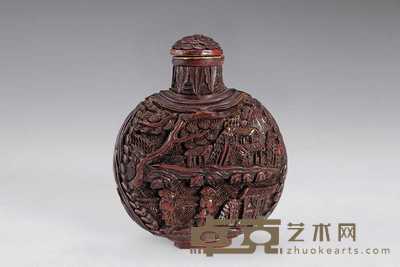 二十世纪 漆雕人物山水烟壶 高8.5cm